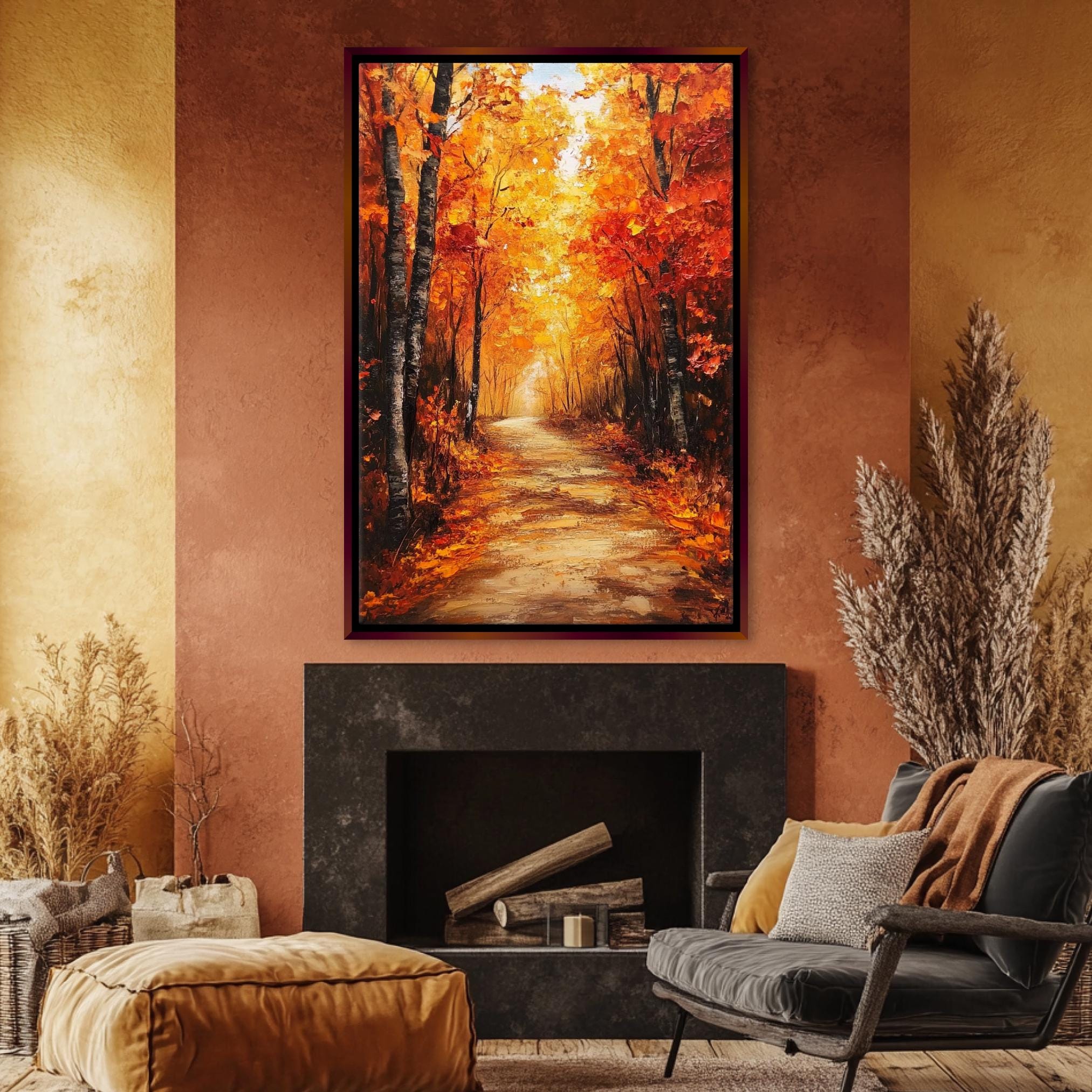 a cozy living room with a fireplace, a comfortable chair, and a large painting of a forest path with autumn foliage hanging above the fireplace.