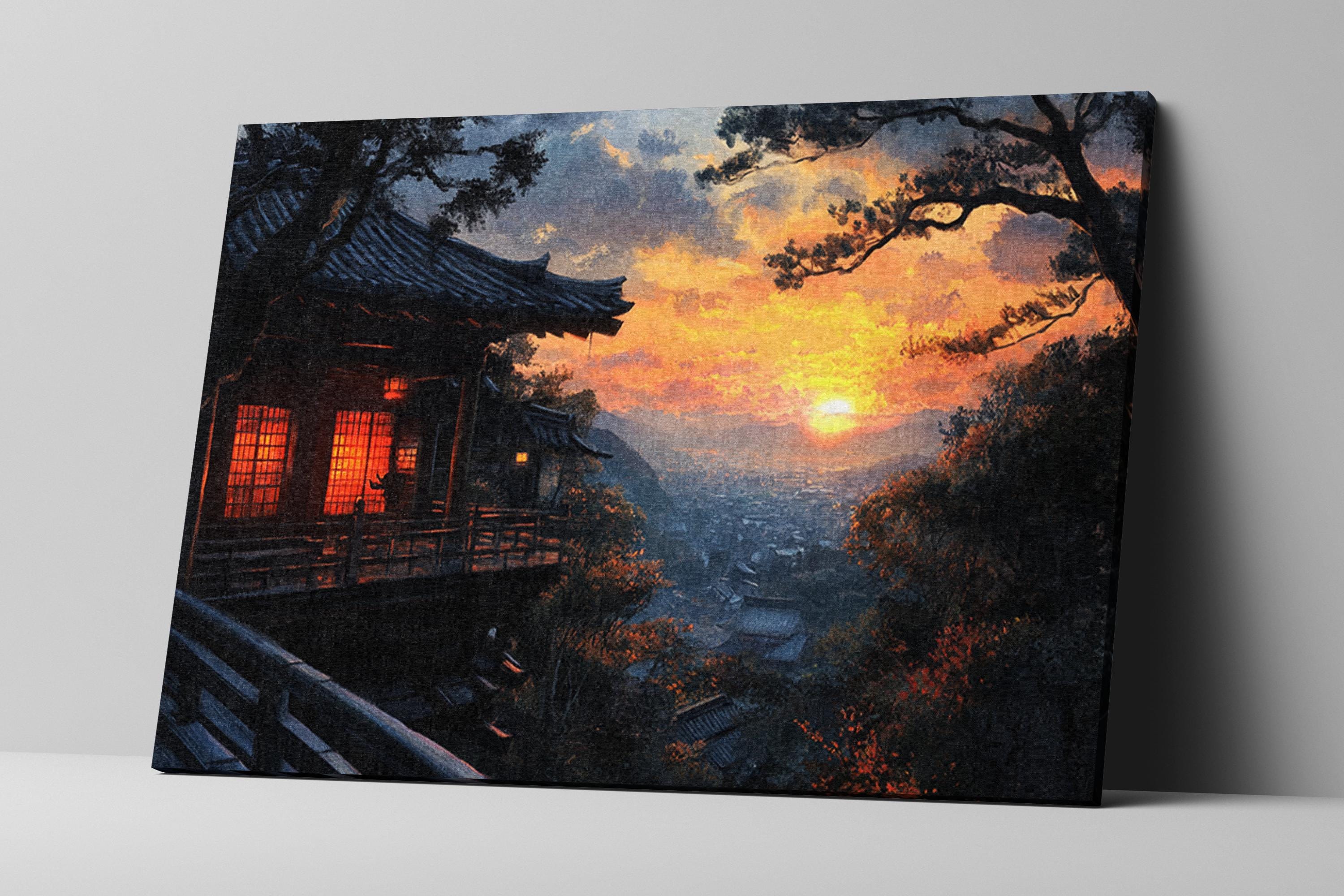 a painting of a sunset over a city