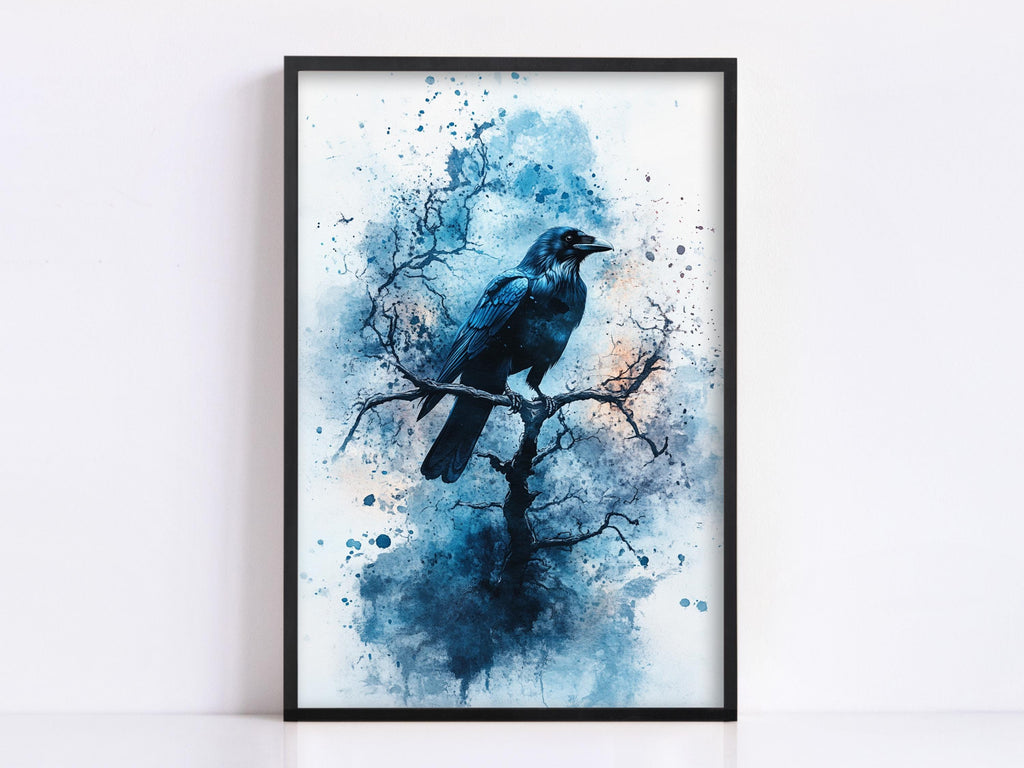 A framed print depicting a black bird perched on a branch, with a blue and white watercolor-style background.