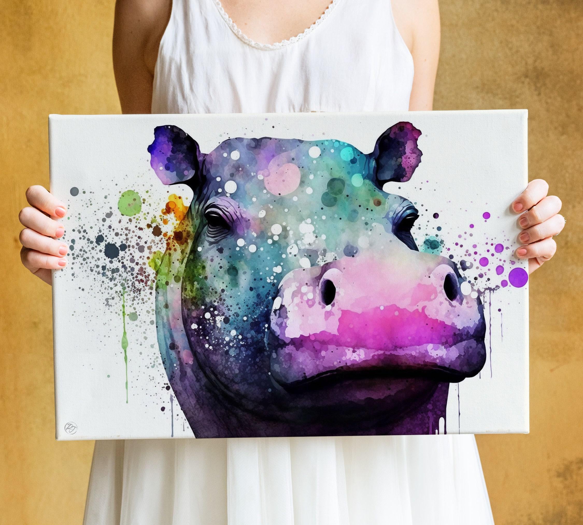 Nature's Guardians: Watercolor Hippo Wall Art Print, Giclee Print on Canvas, Artist Paper, Watercolor Paper, Available in Extra Large Sizes