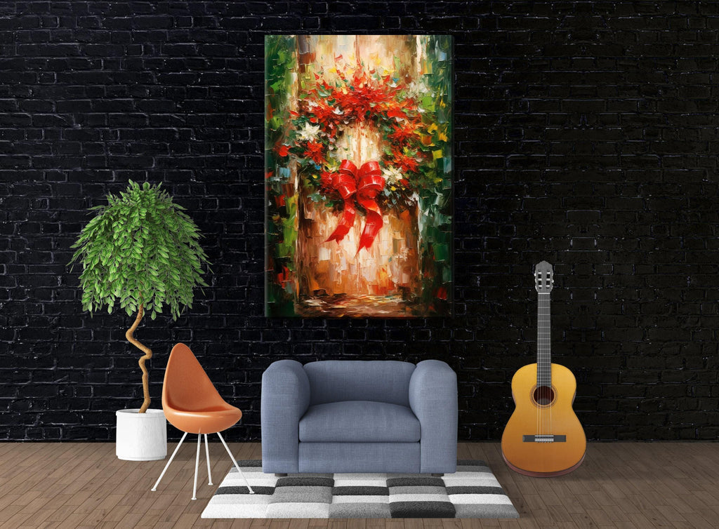 Christmas Wreath Art – Rustic Traditional Holiday Wall Decor on Gallery Wrapped Canvas