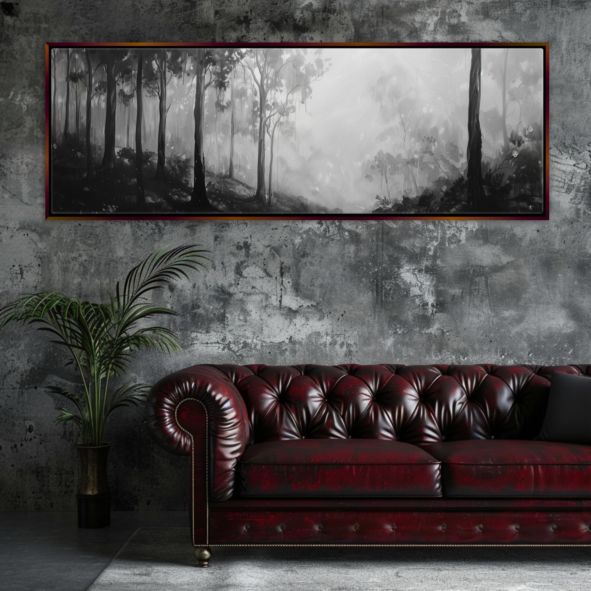 a living room with a couch and a painting on the wall
