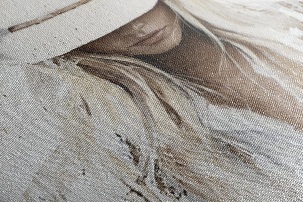 a close up of a painting of a woman wearing a hat