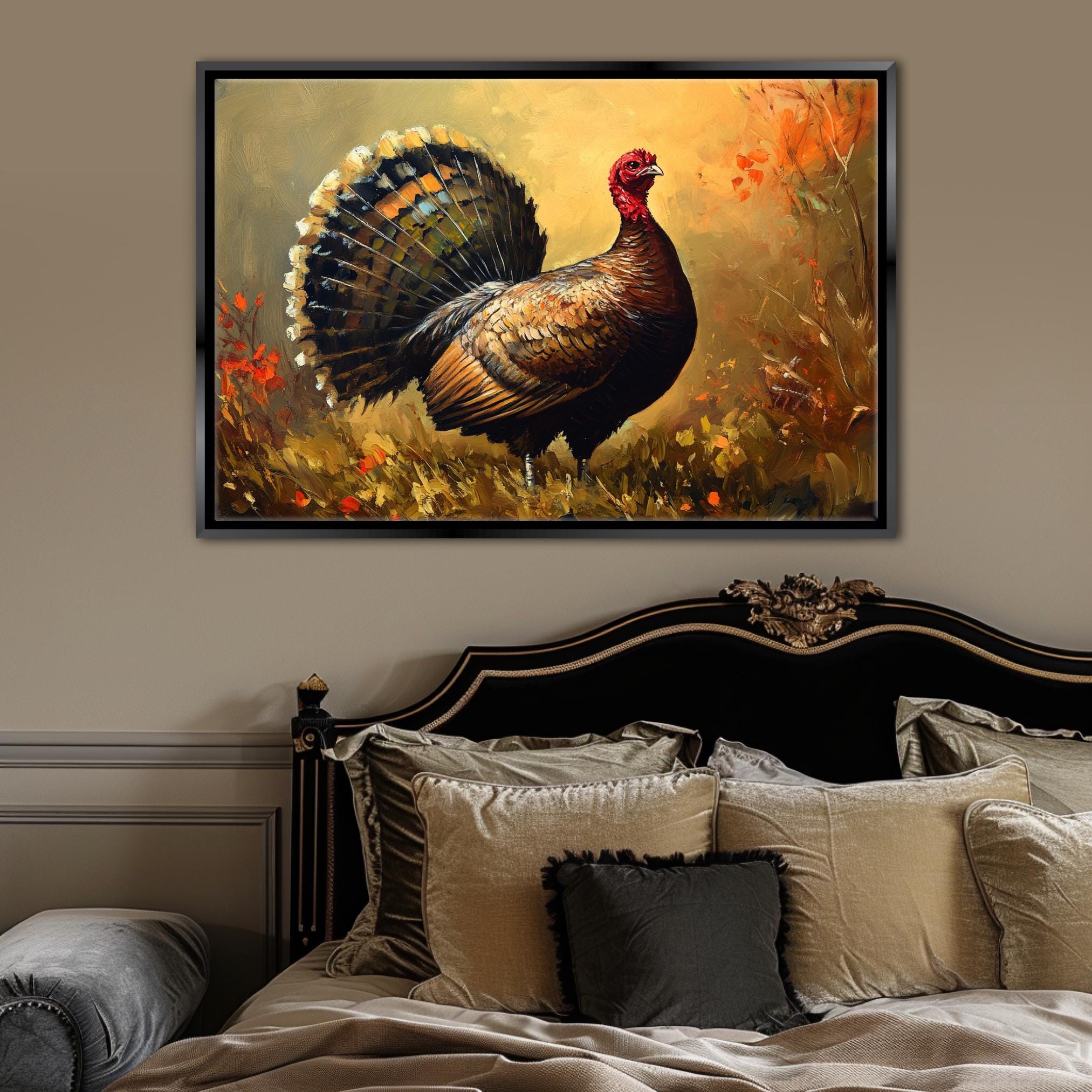 a large painting of a turkey with a colorful, detailed depiction of its feathers and beak, hanging on a wall above a bed with a black headboard.
