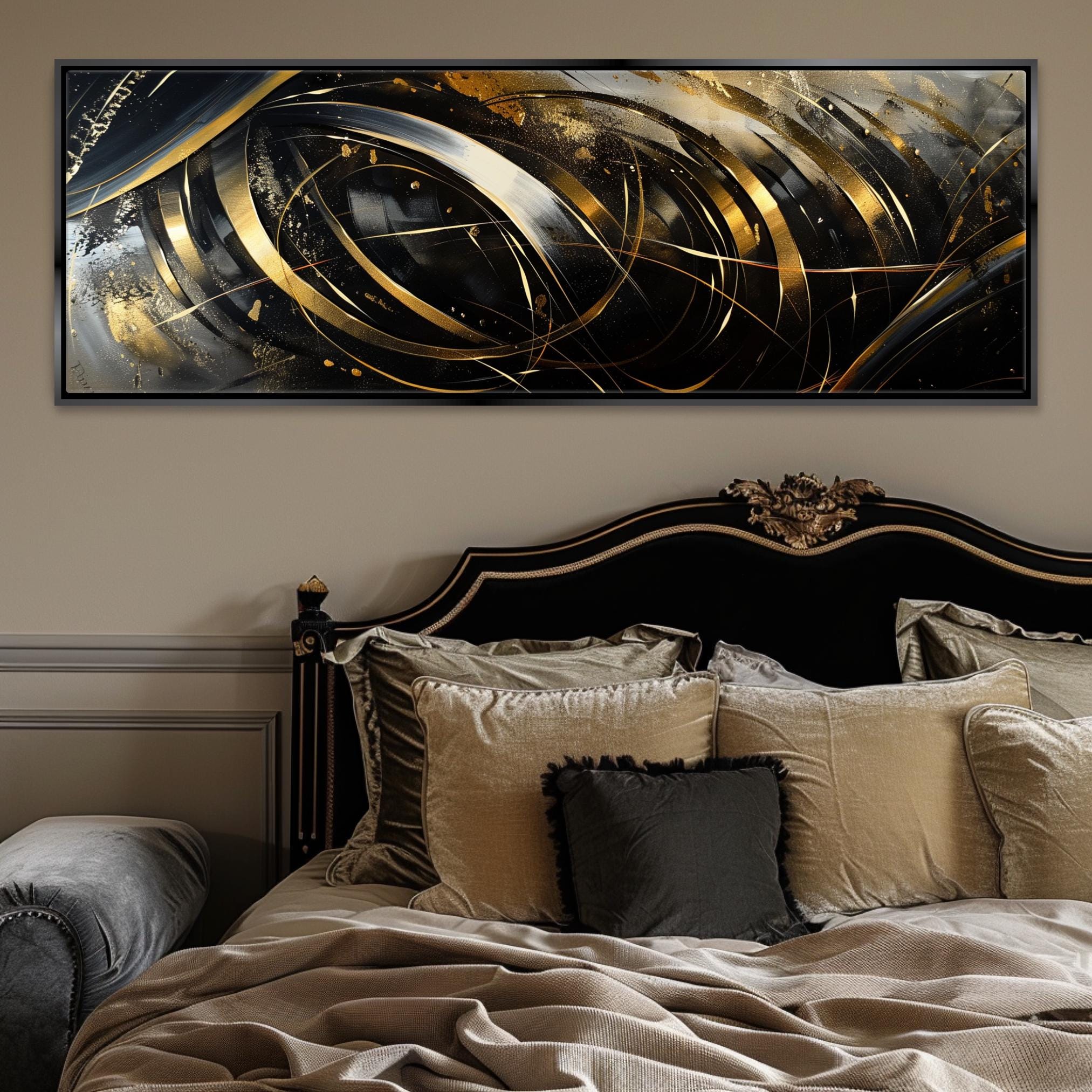 a bed with pillows and a painting on the wall