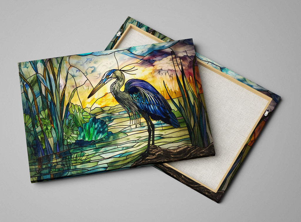 Blue Heron Wall Art - Large Stained Glass Canvas Print | Coastal Home Decor