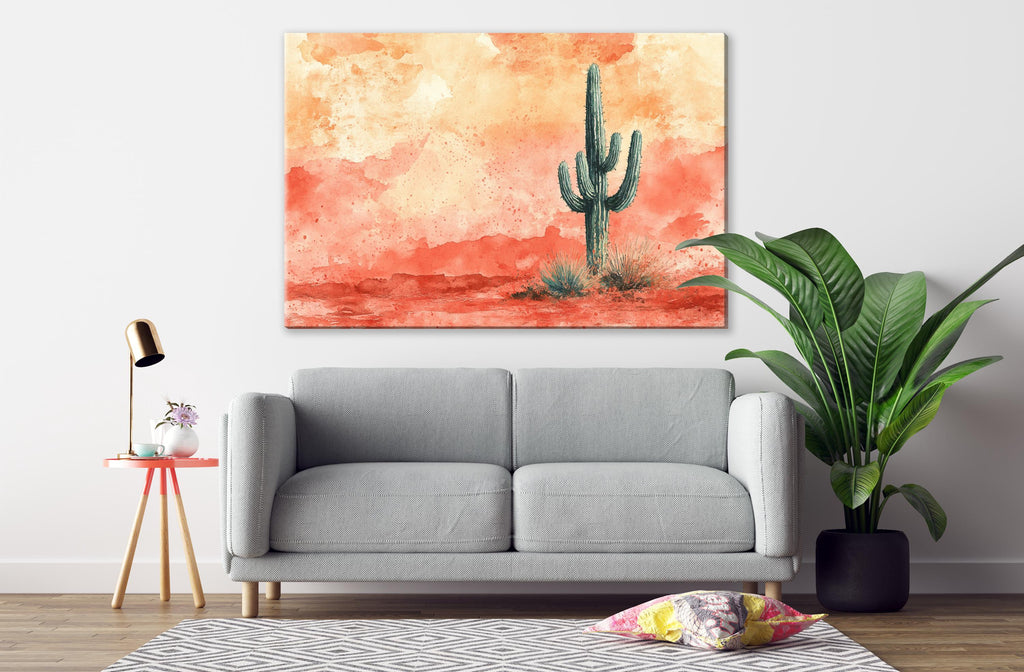 a living room with a gray sofa, a potted plant, and a painting of a cactus on the wall.