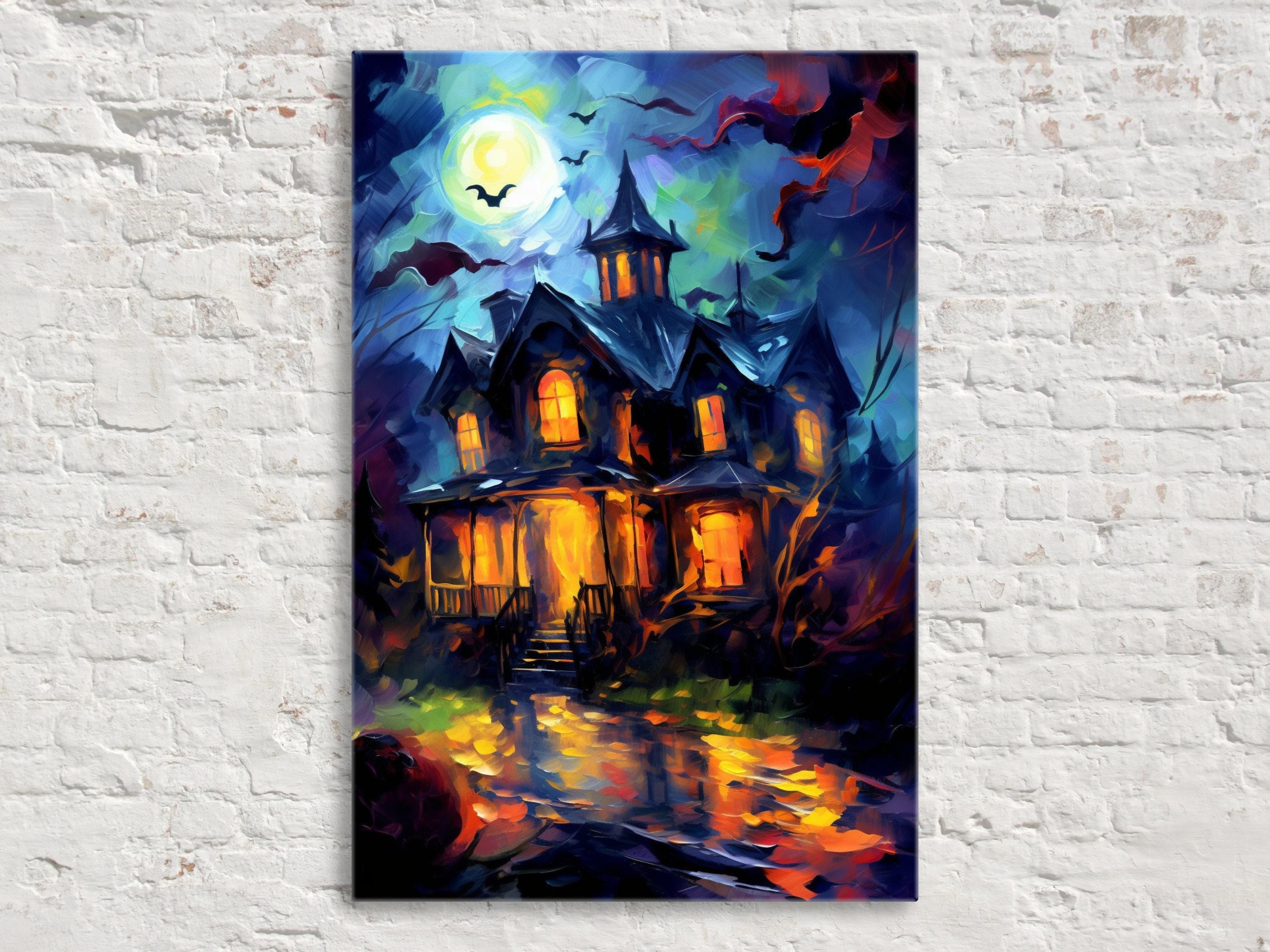Halloween Haunted House Art – Large Canvas Wall Art | Spooky Home Decor, Gallery Wrapped