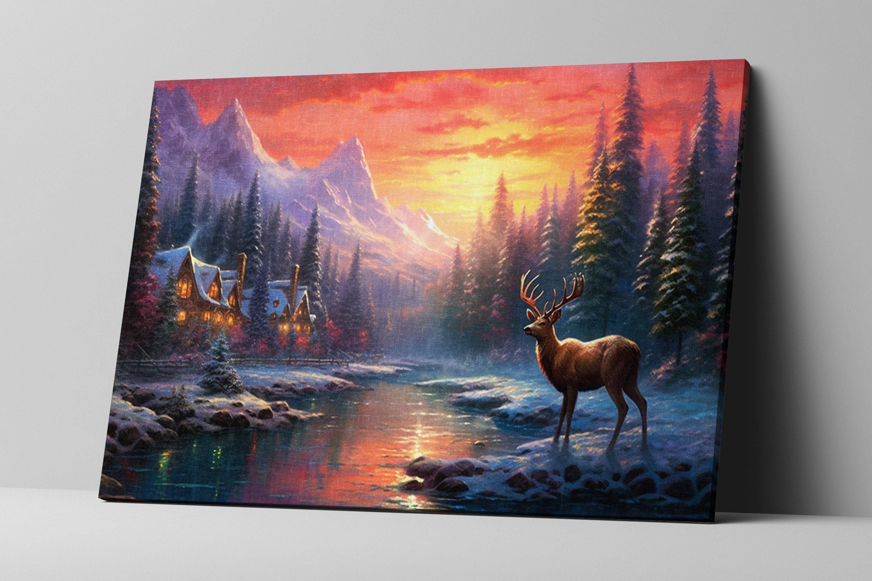 Vintage Reindeer Canvas – Extra Large Giclee Art Print | Rustic Christmas Decor