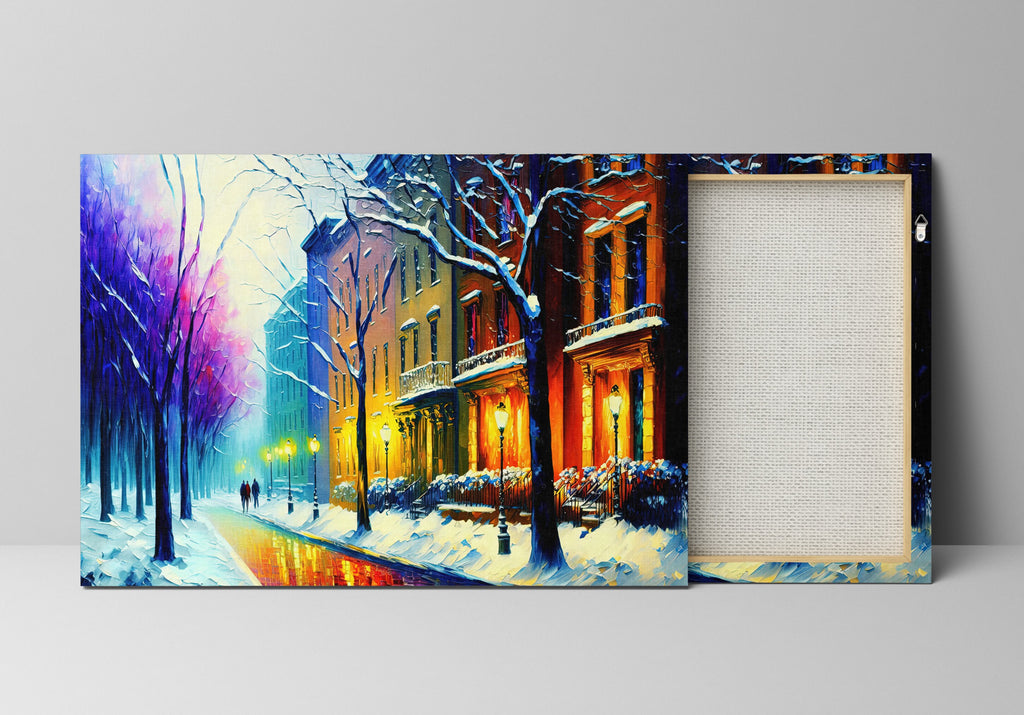 Cityscape Painting Print – Vibrant Winter Snow Artwork on Large Canvas Art