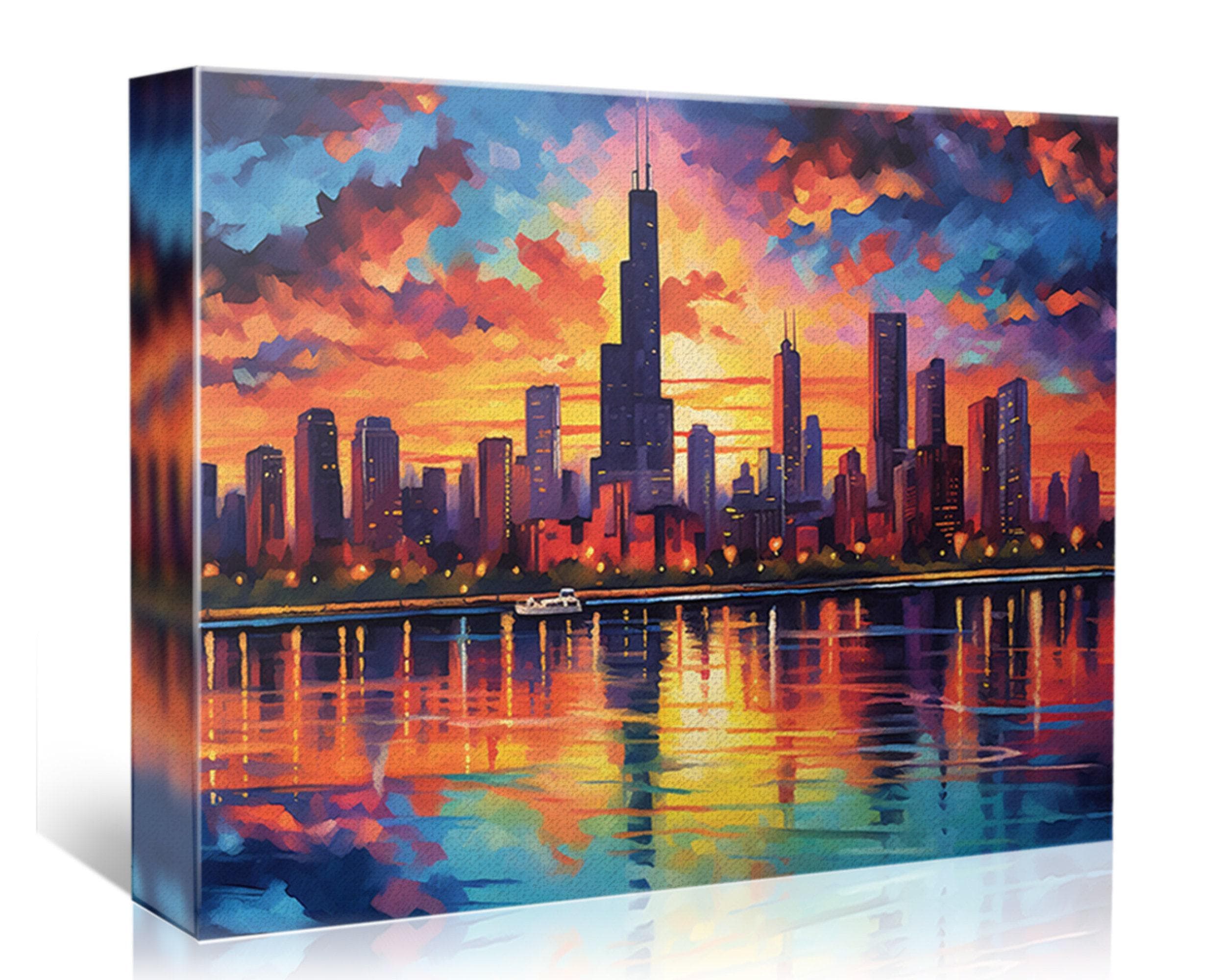 Chicago Skyline Canvas – Vibrant Cityscape Wall Art with Large Night Skyline Art
