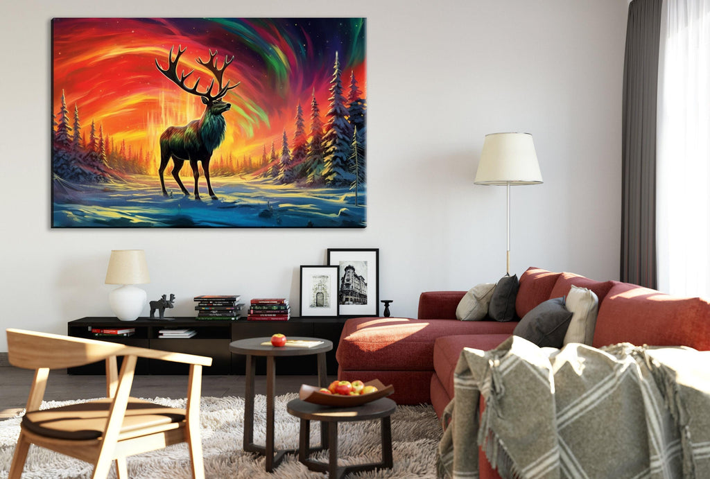 Winter Elk Canvas - Northern Lights Art | Extra Large Gallery Wrapped Print