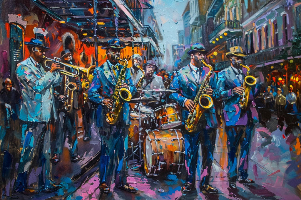 A vibrant and colorful painting depicting a lively street scene with a group of musicians playing various instruments, including saxophones, drums, and trumpets.