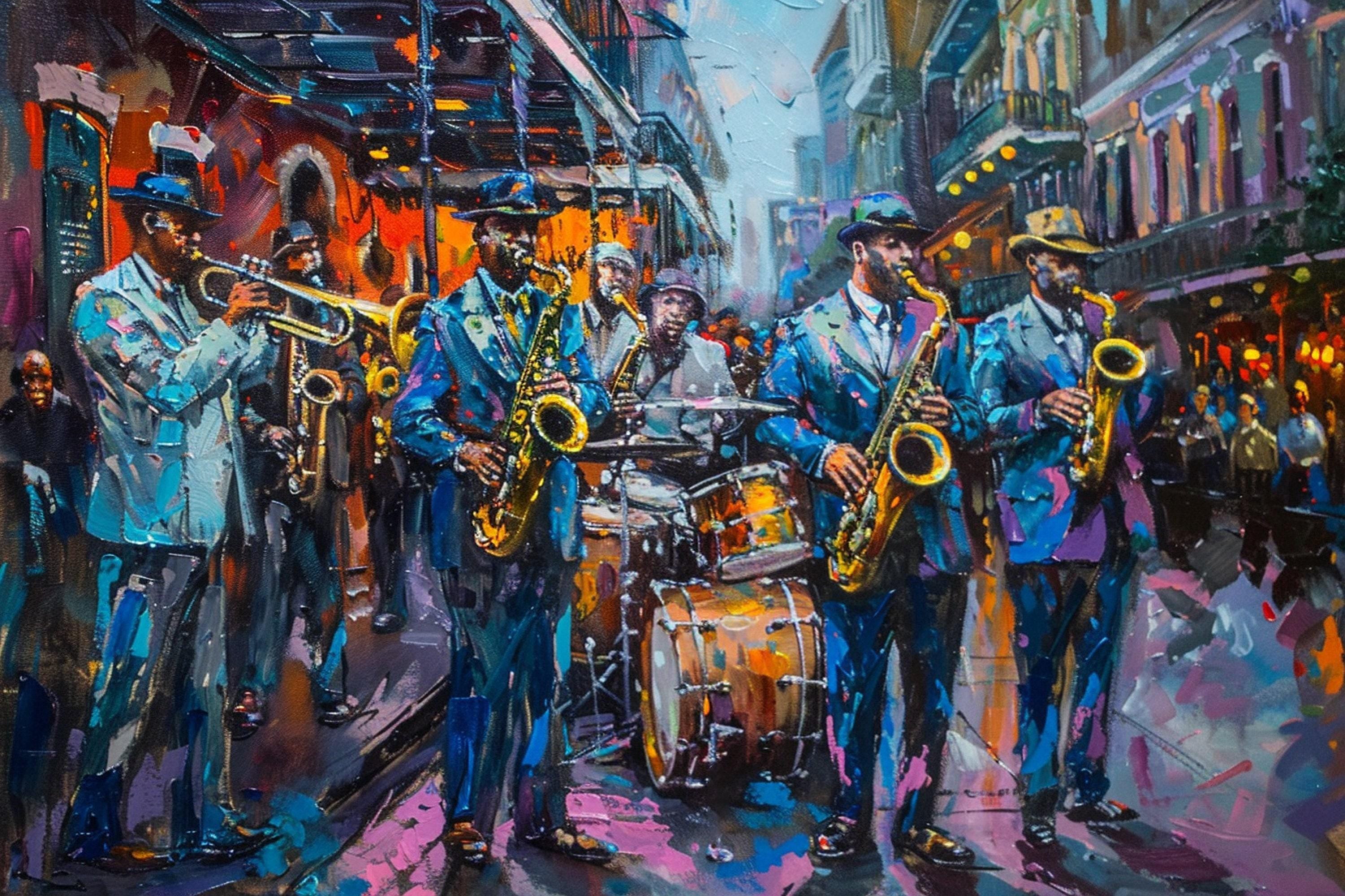 A vibrant and colorful painting depicting a lively street scene with a group of musicians playing various instruments, including saxophones, drums, and trumpets.