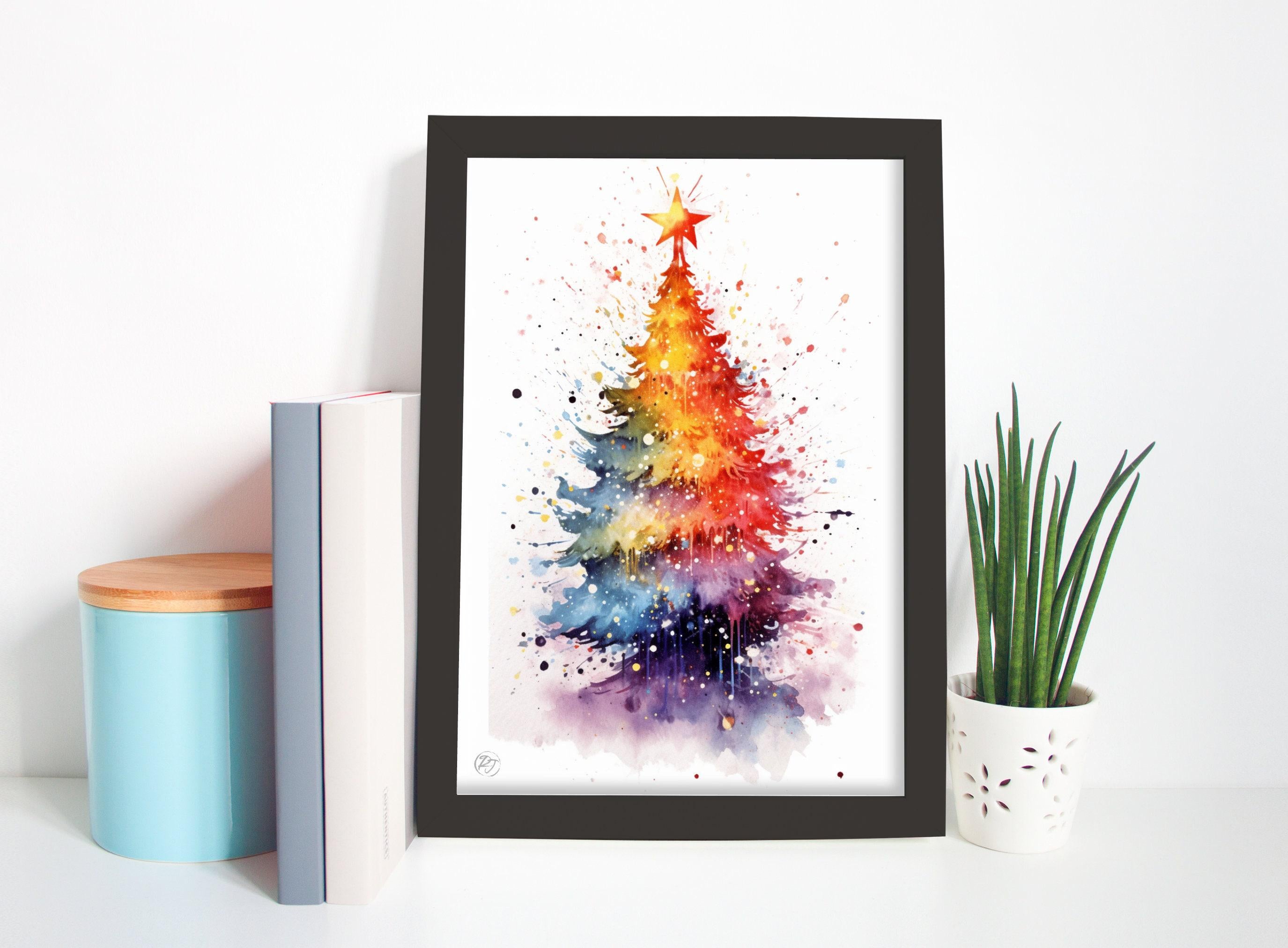 Festive Christmas Tree Watercolor - Christmas Art, Giclee Print on Canvas, Artist Paper, Watercolor Paper, Available in Extra Large Sizes