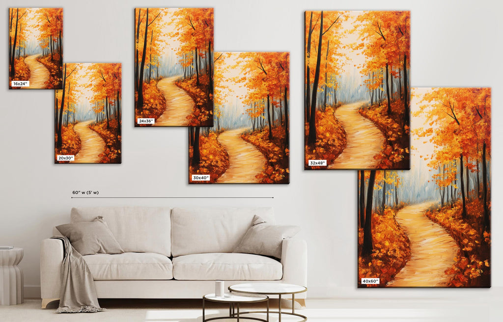 The image is a collage of multiple paintings depicting a winding path through a forest with autumn foliage. The paintings are arranged on the wall, and there is a white couch in the foreground.