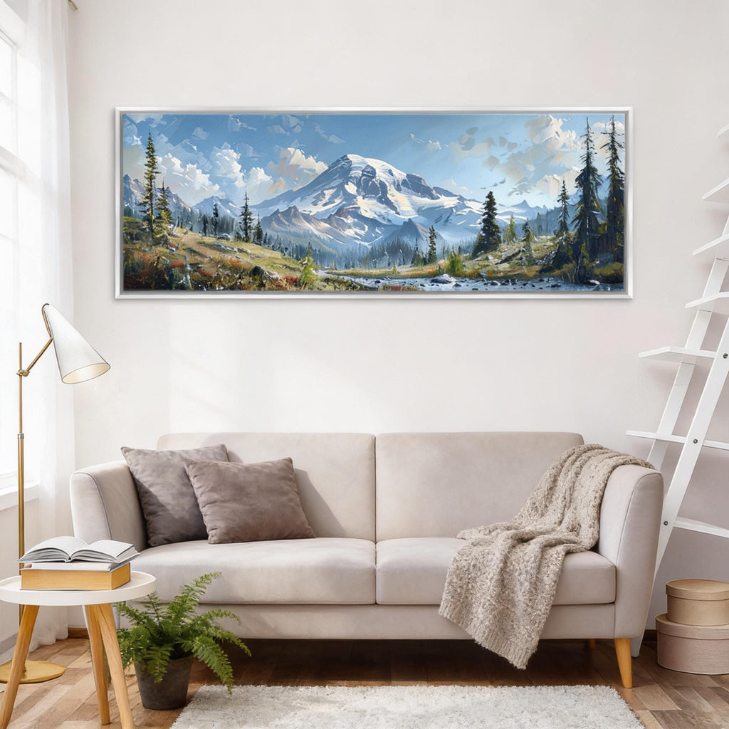a large landscape painting hanging on a white wall above a beige sofa in a cozy living room setting.