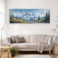 a large landscape painting hanging on a white wall above a beige sofa in a cozy living room setting.