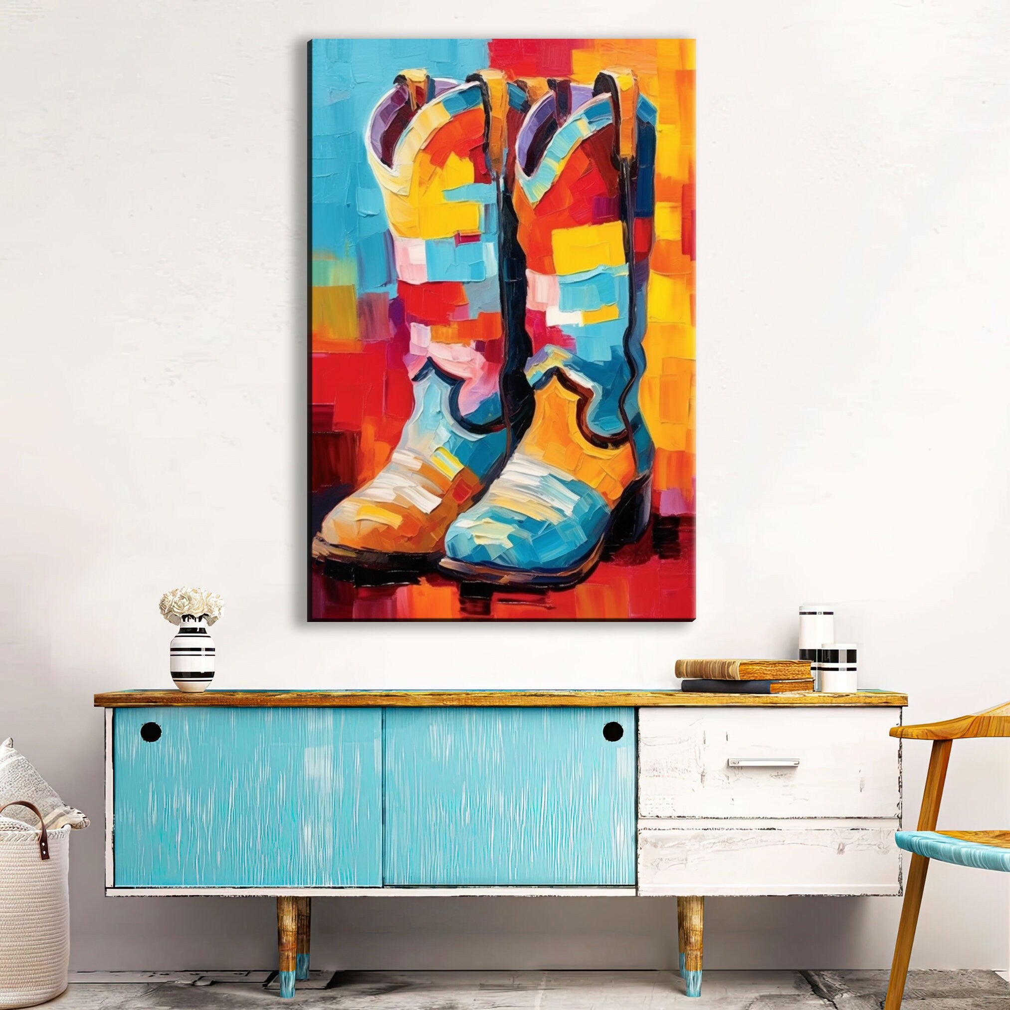 Western Cowboy Boots Canvas – Large Colorful Texas Themed Wall Art Print