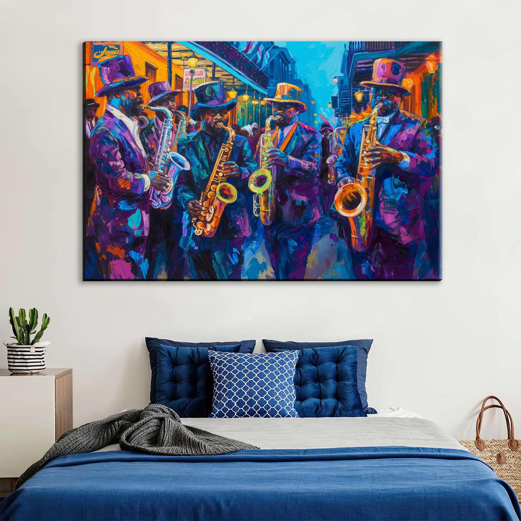 a group of musicians playing various instruments, including saxophones, in a vibrant and colorful setting.