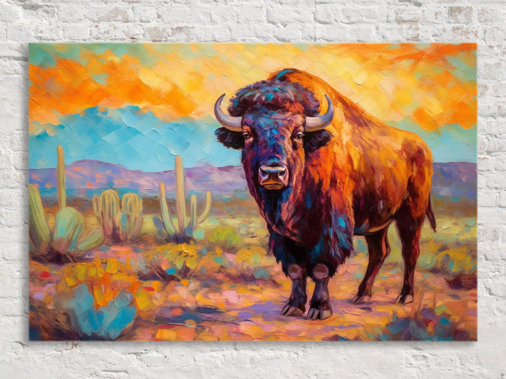 A vibrant painting depicting a large bison standing in a desert landscape with cacti and mountains in the background.