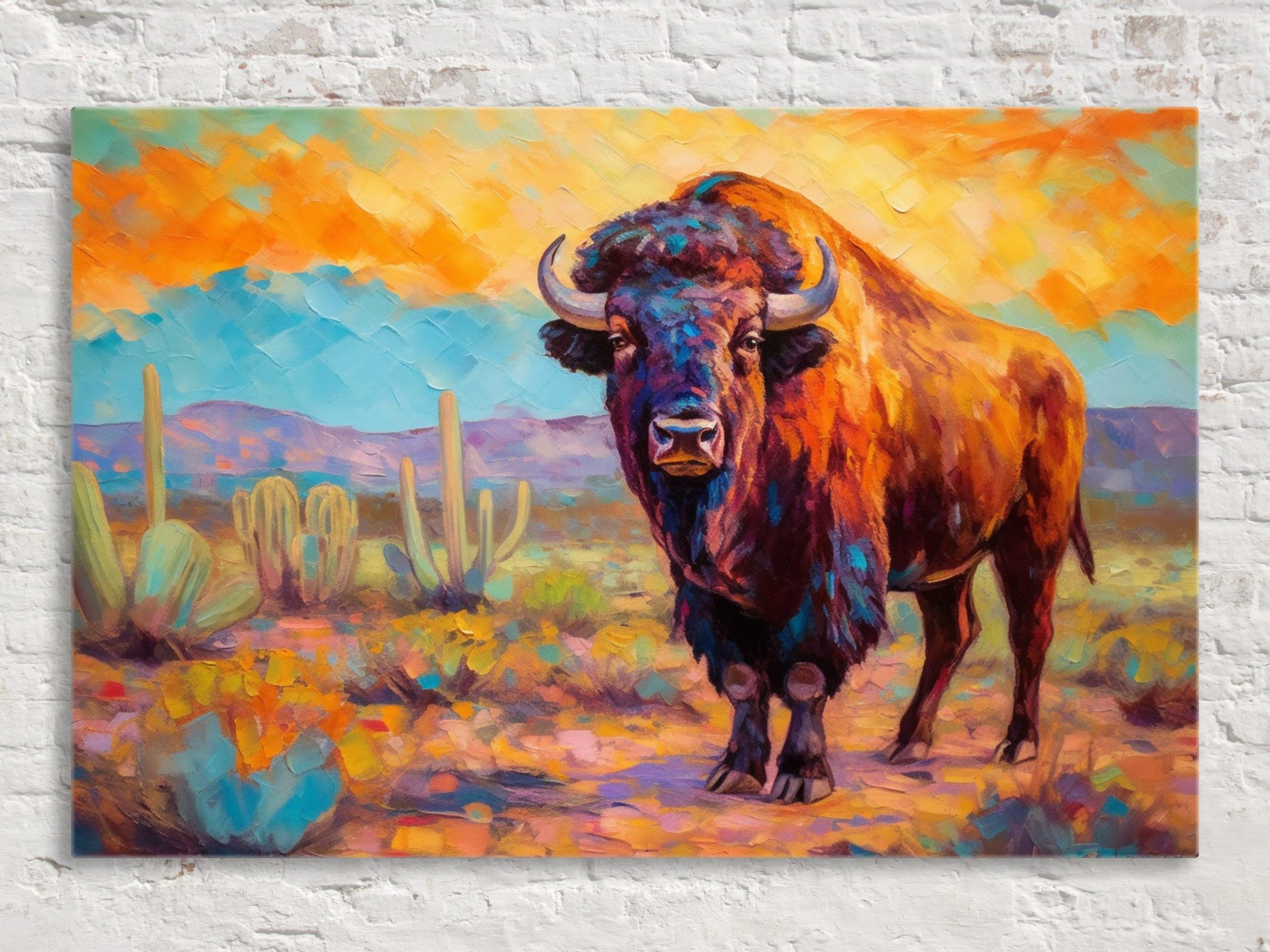 A vibrant painting depicting a large bison standing in a desert landscape with cacti and mountains in the background.