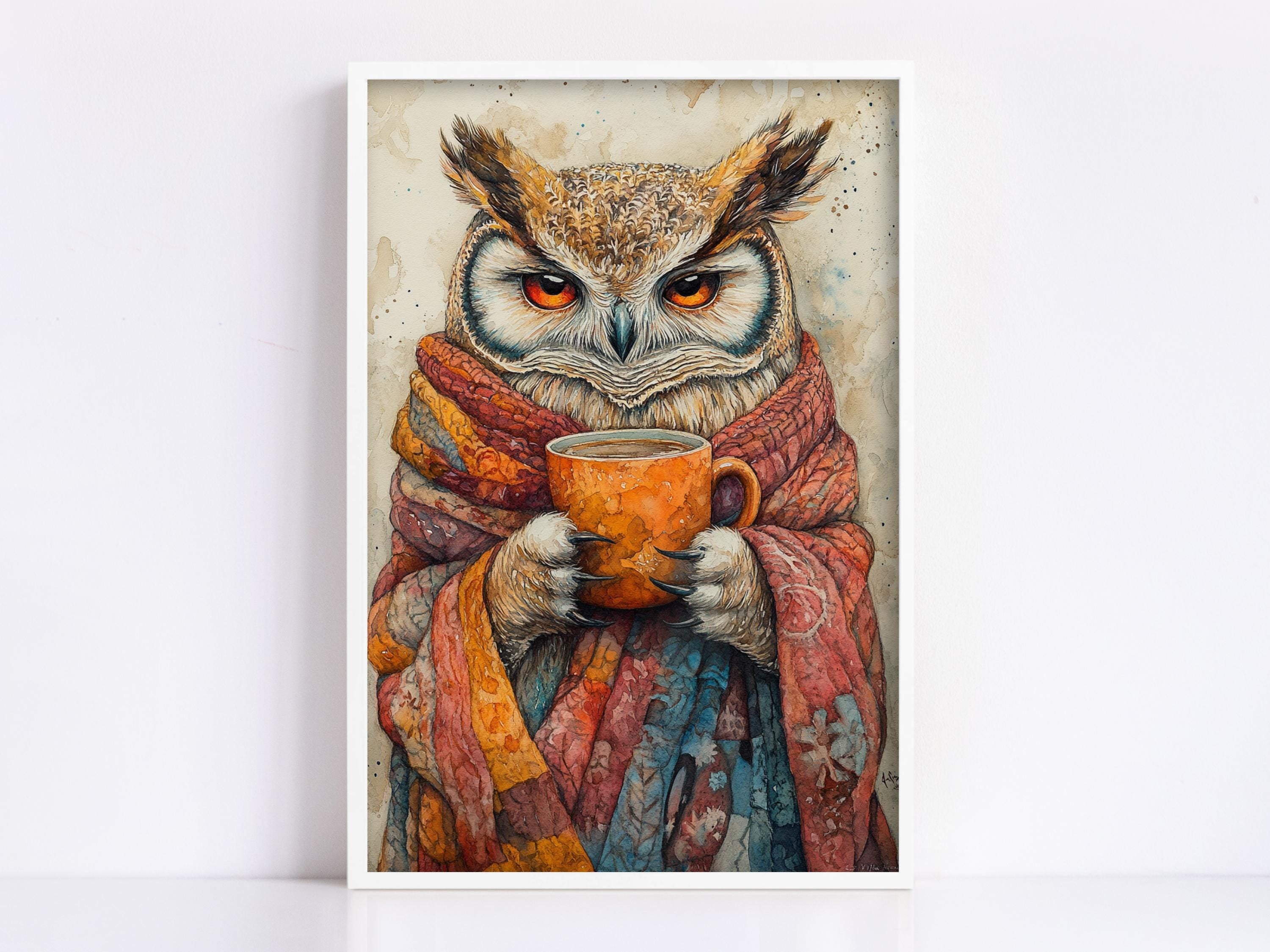 A framed painting depicting an owl wearing a colorful scarf and holding a cup of tea.