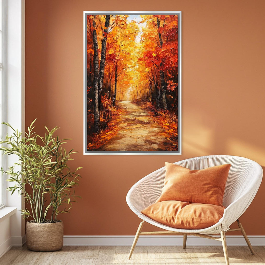 a cozy living room with a large painting of a forest path in autumn hanging on the wall. The painting is framed and appears to be a vibrant representation of a scenic forest trail. The room is furnished with a white wicker chair and a potted plant, creating a warm and inviting atmosphere.