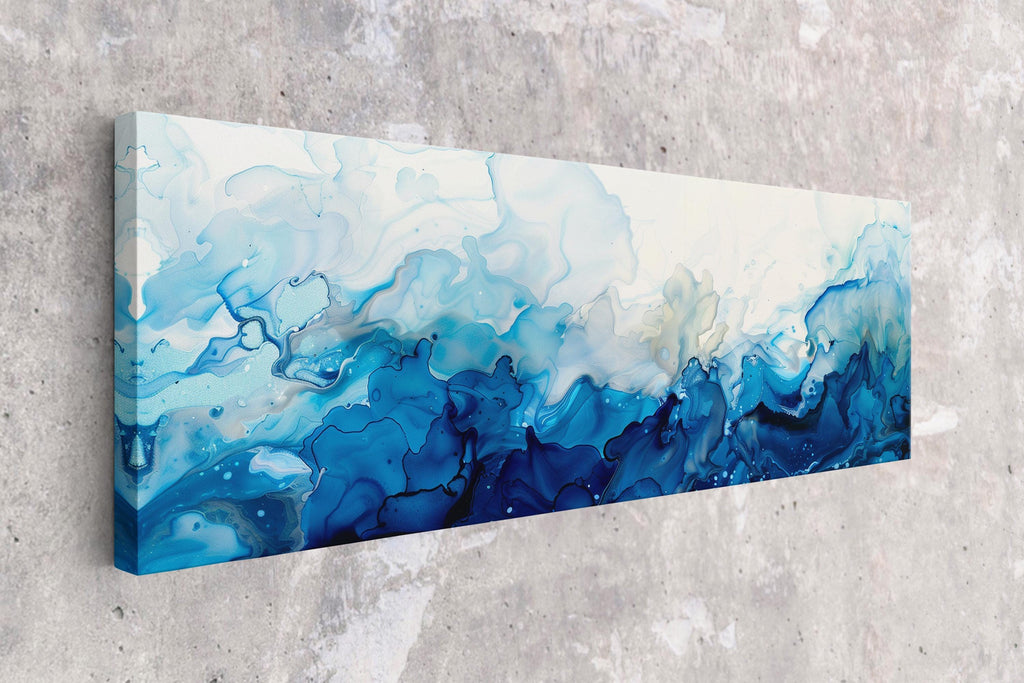 a blue and white painting on a wall