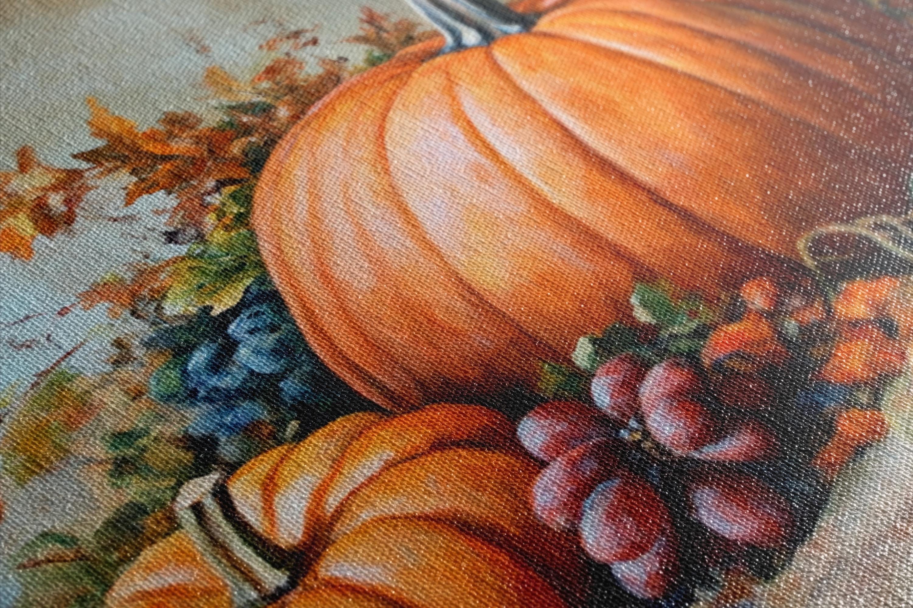 a close-up of a vibrant autumn scene, with a large orange pumpkin and other colorful fruits and vegetables, such as blue grapes, creating a visually appealing and festive display.