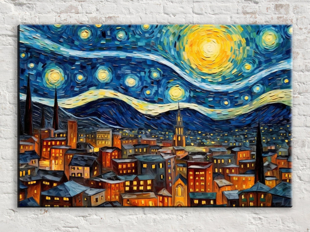 Starry Night Wall Art – Large Canvas Art | Van Gogh Inspired Print, Vibrant Night Sky Painting