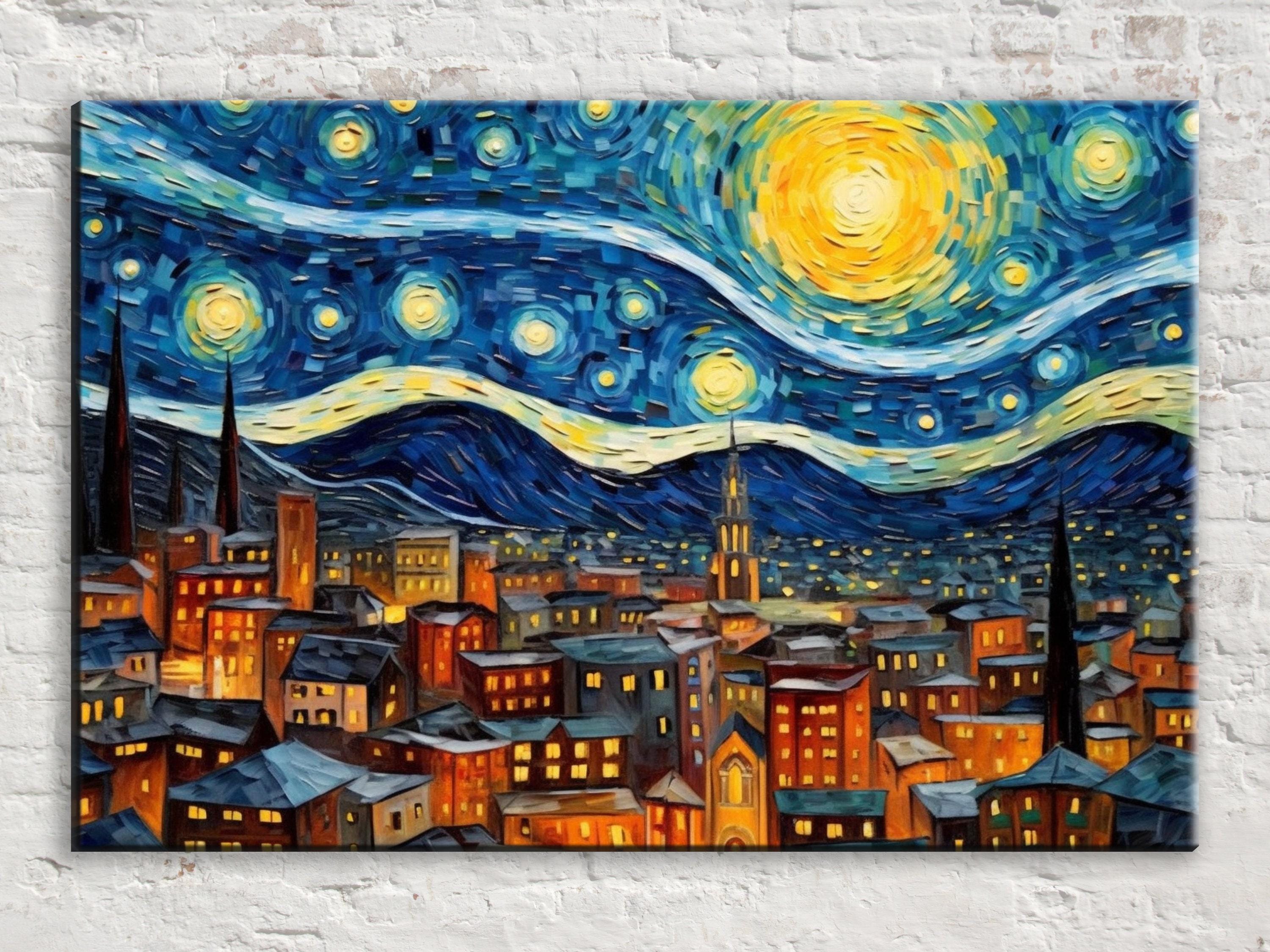 Starry Night Wall Art – Large Canvas Art | Van Gogh Inspired Print, Vibrant Night Sky Painting
