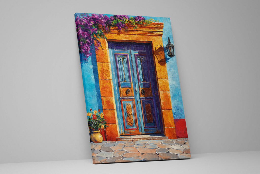 a painting of a blue door on a white wall