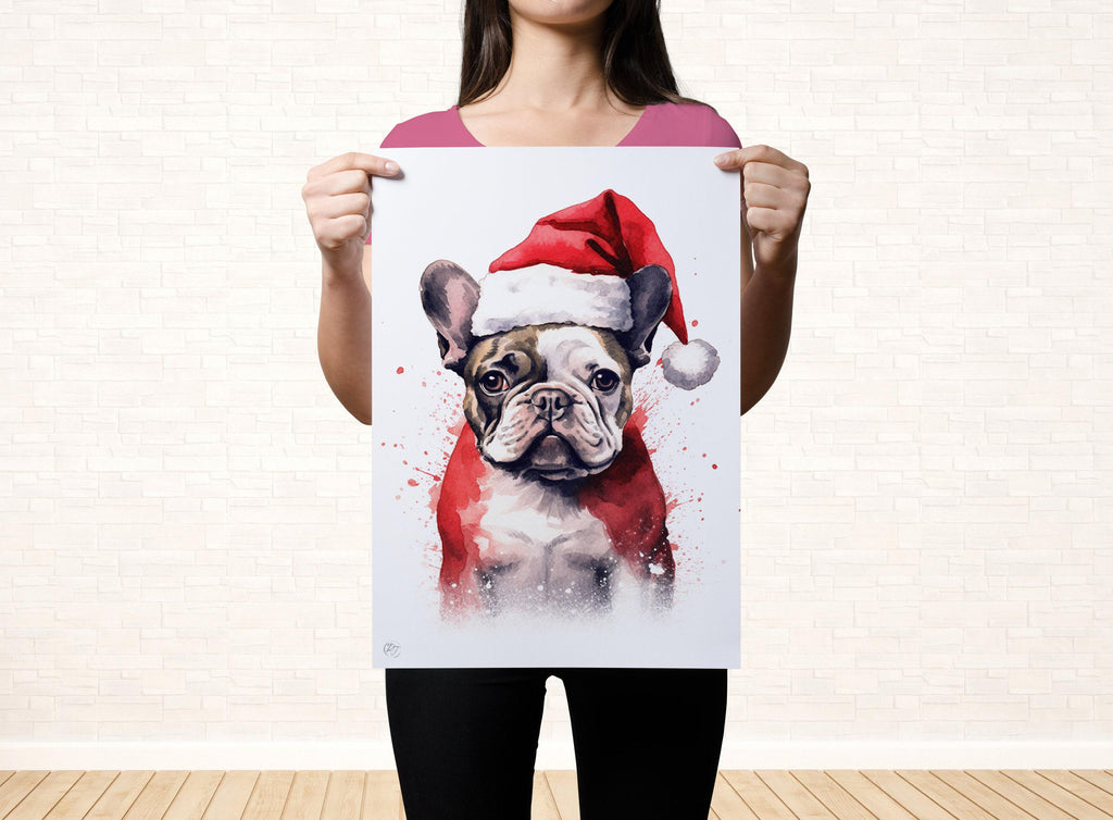 Christmas French Bulldog - Watercolor Frenchie Art, Giclee Print on Canvas, Artist Paper, Watercolor Paper, Available in Extra Large Sizes