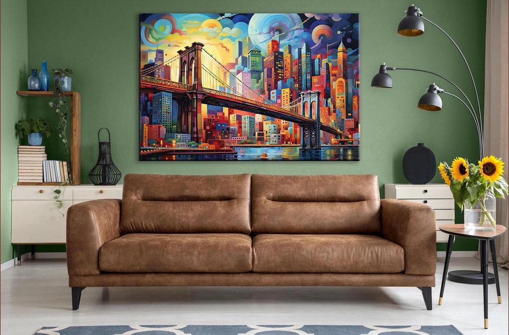 a large, colorful painting of a cityscape with a bridge in the background, hanging on a green wall above a brown leather couch in a living room setting.