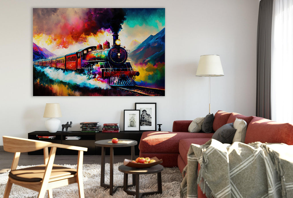 a vibrant painting of a colorful train on a track, hanging on a wall in a cozy living room setting.
