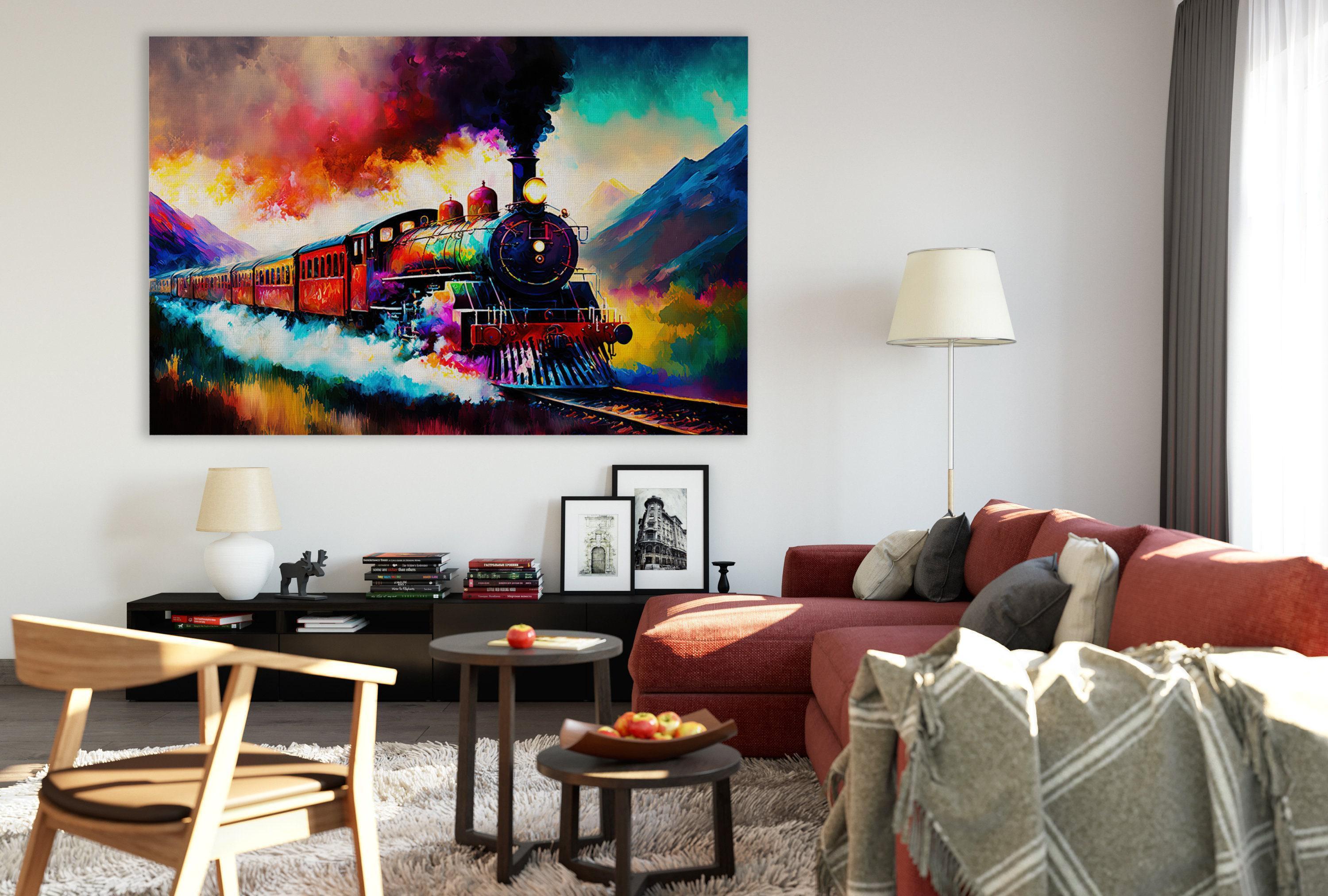 a vibrant painting of a colorful train on a track, hanging on a wall in a cozy living room setting.