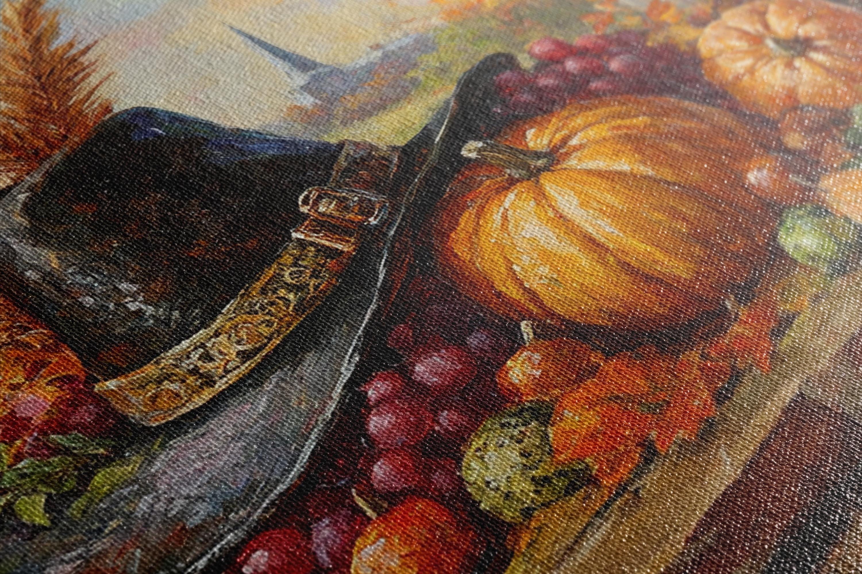 The image is a close-up of a painting depicting a variety of fruits and vegetables, including a pumpkin, grapes, and a hat.