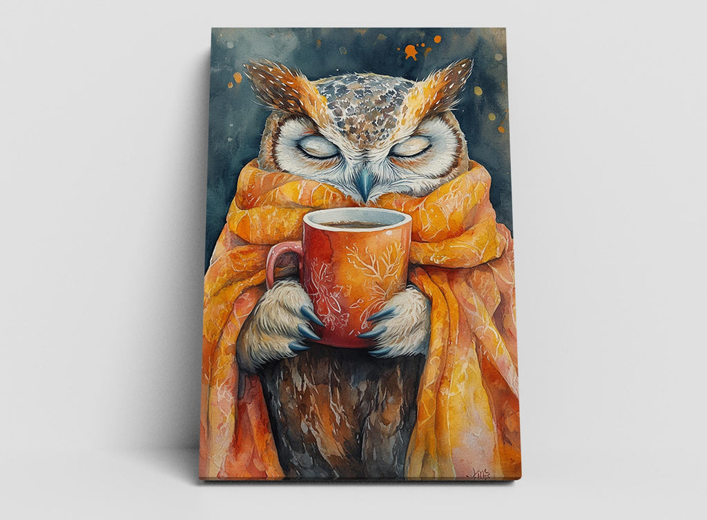 A painting of an owl wrapped in a blanket and holding a mug, with its eyes closed, conveying a sense of warmth and comfort.