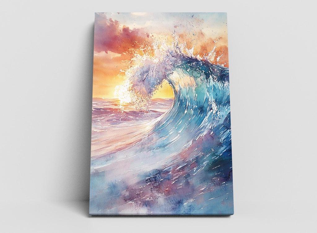 a large, powerful wave crashing against the shore, with the sun setting in the background, creating a dramatic and colorful scene.