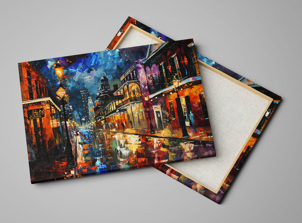 The image is a vibrant and colorful painting depicting a lively city street scene at night, with buildings, streetlights, and reflections on the wet pavement.