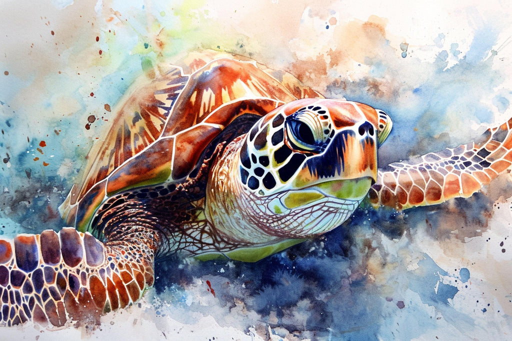 Playful Sea Turtle Watercolor Wall Art, Giclee Print on Canvas, Artist Paper, Watercolor Paper, Available in Extra Large Sizes