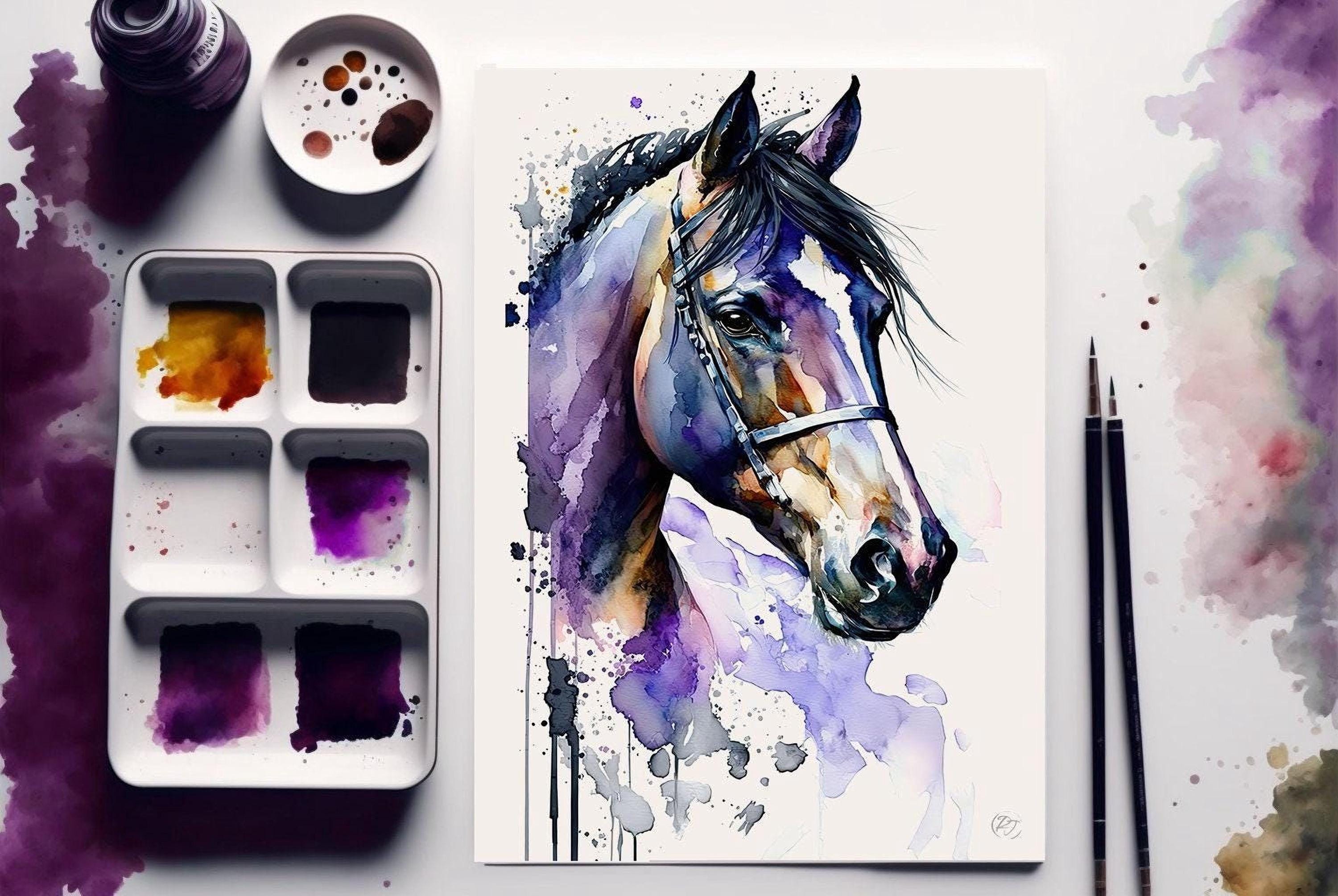a painting of a horse's head, with splashes of color and brushstrokes creating a dynamic and expressive portrait. The painting is displayed on a white background, and there are various art supplies and a paint palette visible, suggesting that the artwork is in the process of being created.