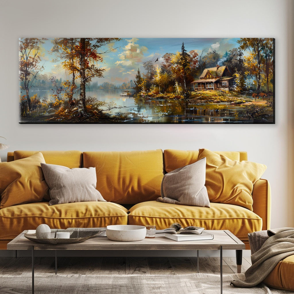 a living room with a yellow couch and a painting on the wall