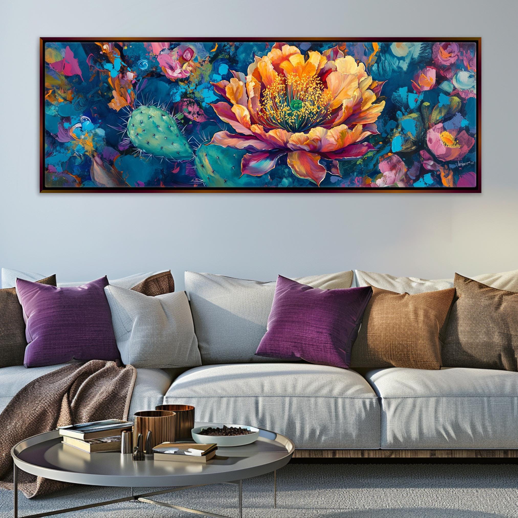 Southwest Cactus Wall Art – Panoramic Framed Gallery Wrapped Canvas, Large Saguaro Print