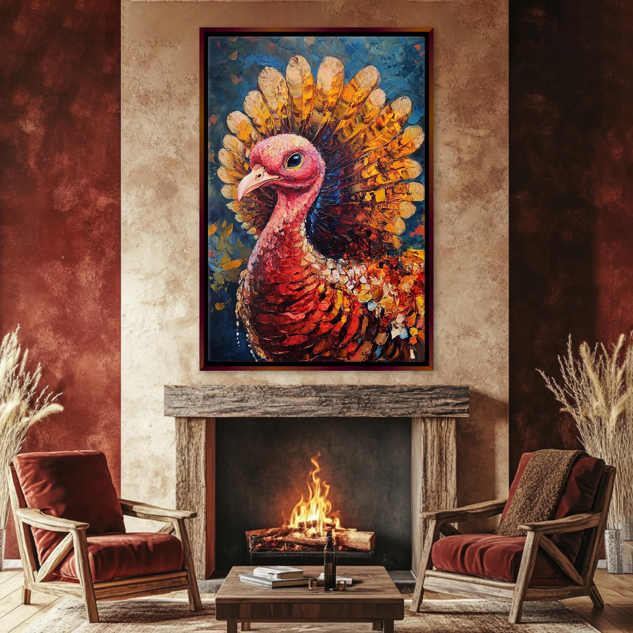 a large, colorful painting of a turkey hanging above a fireplace in a cozy living room setting.
