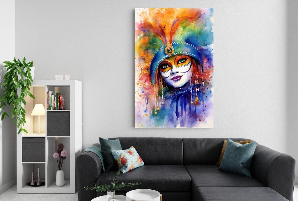 Mardi Gras Masked Woman Watercolor – NOLA Carnival Art, Print on Canvas, Artist Paper, Watercolor Paper, Available in Extra Large Sizes