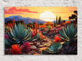 A vibrant desert landscape with a variety of colorful cacti and succulents, set against a backdrop of mountains and a stunning sunset.