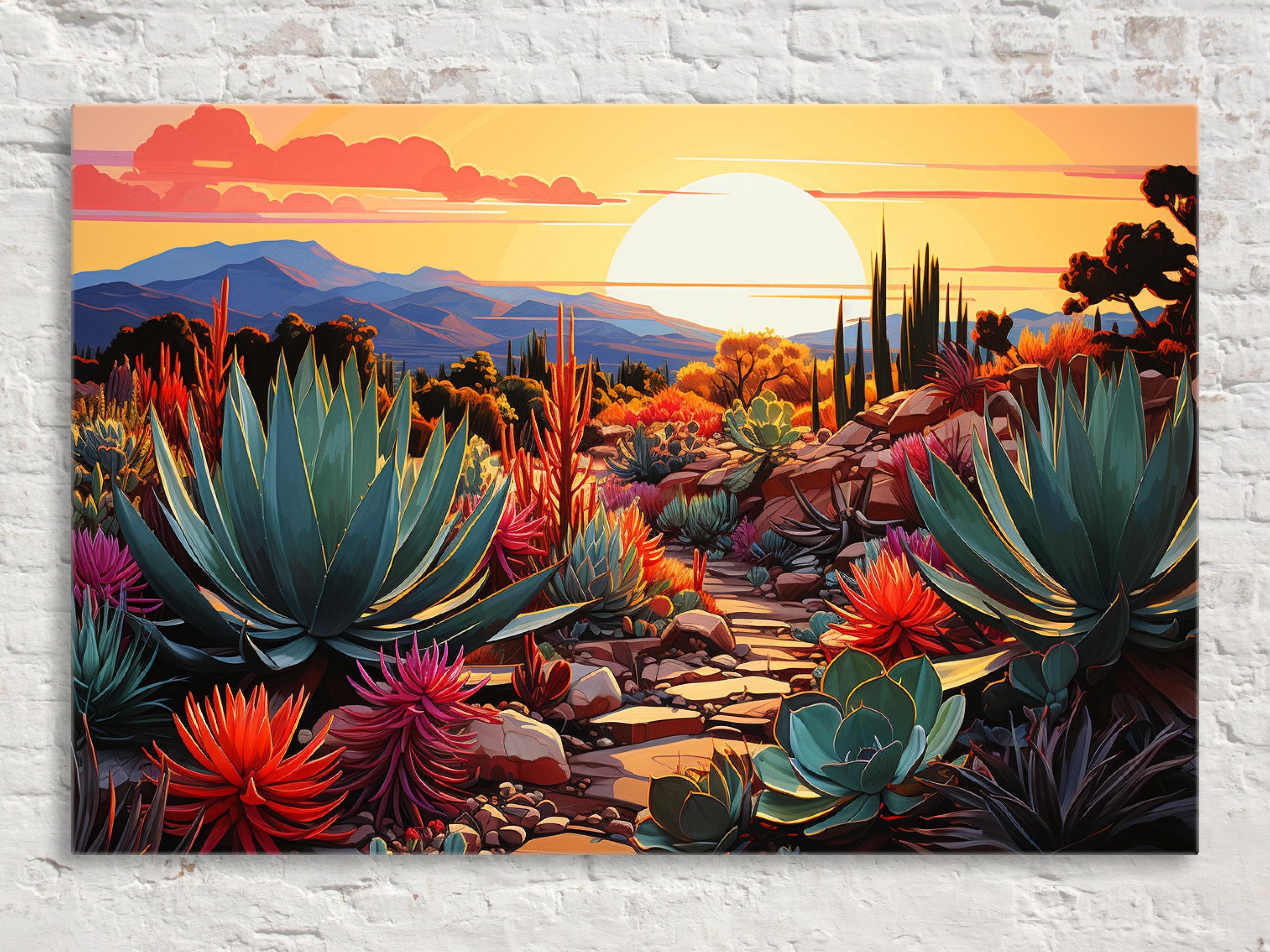 A vibrant desert landscape with a variety of colorful cacti and succulents, set against a backdrop of mountains and a stunning sunset.