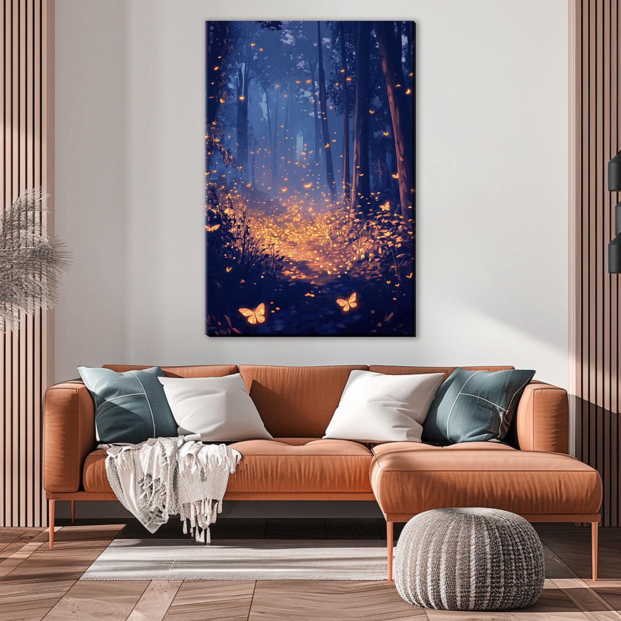 a living room with a couch and a painting on the wall